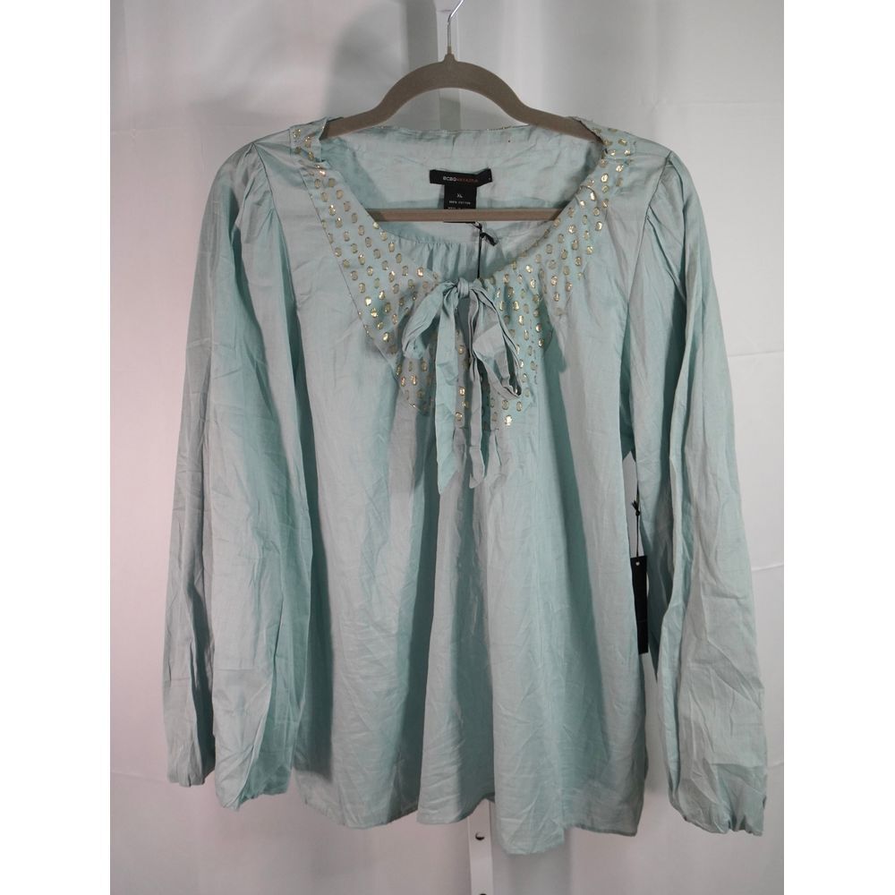 BCBGMaxazria XL Soft Turquoise Woven Gold Accented Boho Tie Top Wide Sleeves